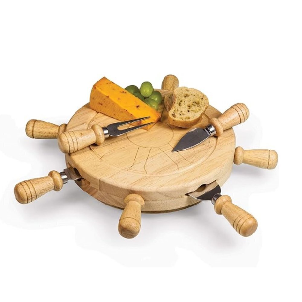 New Picnic Time Cheese Boards Mariner 5-Piece Lazy Susan & Knives Set-Parawood